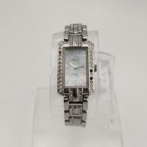 I Like Mikes Mid Century Modern Watches Citizen Women's Silver Tone Eco-Drive Watch, Mother of Pearl Rectangular Dial, Jeweled Link Strap