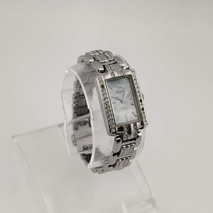 I Like Mikes Mid Century Modern Watches Citizen Women's Silver Tone Eco-Drive Watch, Mother of Pearl Rectangular Dial, Jeweled Link Strap