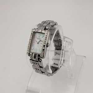 I Like Mikes Mid Century Modern Watches Citizen Women's Silver Tone Eco-Drive Watch, Mother of Pearl Rectangular Dial, Jeweled Link Strap