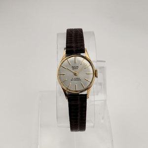 I Like Mikes Mid Century Modern Watches Cova Women's Petite Gold Tone Watch, Circular Dial, Genuine Brown Leather Strap