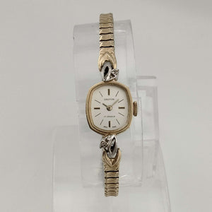 I Like Mikes Mid Century Modern Watches Croton Petite Watch, Gold Tone, Oval Dial, Bezel Leaf Detail, Stretch Strap