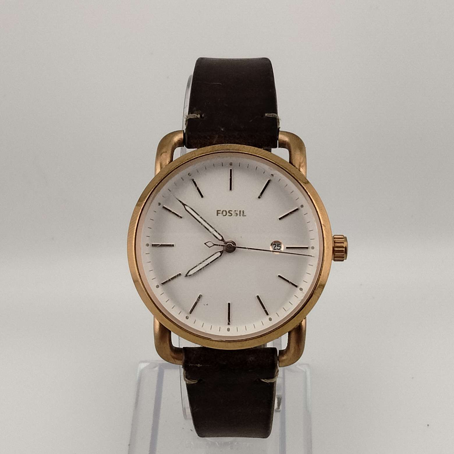 I Like Mikes Mid Century Modern Watches Fossil Rose Gold Tone Watch, White Round Dial, Brown Leather Band
