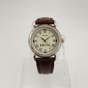 I Like Mikes Mid Century Modern Watches Fossil Women's Mixed Metal Watch, Round Yellow Dial, Genuine Brown Leather Strap