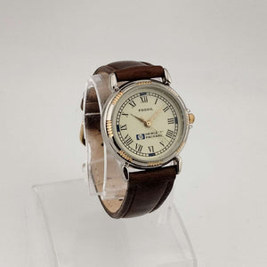I Like Mikes Mid Century Modern Watches Fossil Women's Mixed Metal Watch, Round Yellow Dial, Genuine Brown Leather Strap