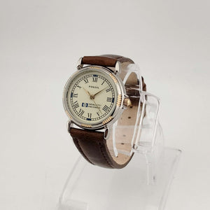 I Like Mikes Mid Century Modern Watches Fossil Women's Mixed Metal Watch, Round Yellow Dial, Genuine Brown Leather Strap