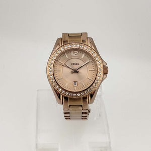 I Like Mikes Mid Century Modern Watches Fossil Women's Rose Gold Tone Watch, Round Dial, Jewel Detail, Date Window, Bracelet Strap