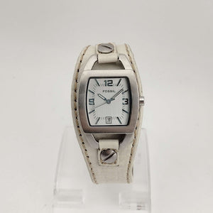 I Like Mikes Mid Century Modern Watches Fossil Women's Silver Tone Watch, Rectangle Dial with Rounded Sides, Date Window, Genuine White Leather Strap