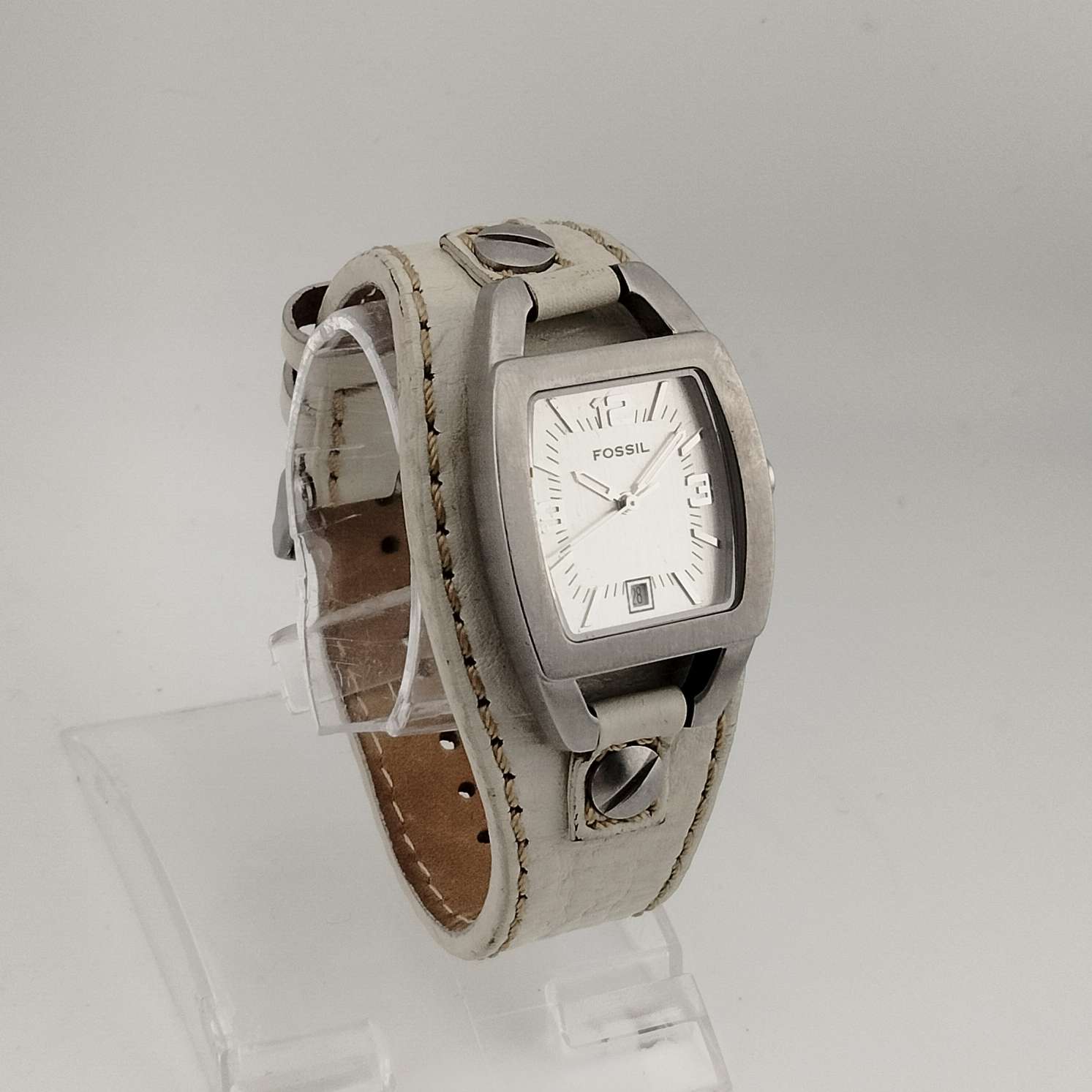 I Like Mikes Mid Century Modern Watches Fossil Women's Silver Tone Watch, Rectangle Dial with Rounded Sides, Date Window, Genuine White Leather Strap