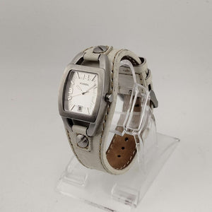 I Like Mikes Mid Century Modern Watches Fossil Women's Silver Tone Watch, Rectangle Dial with Rounded Sides, Date Window, Genuine White Leather Strap