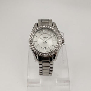 I Like Mikes Mid Century Modern Watches Fossil Women's Silver Tone Watch, Round Dial, Jewel Detail, Date Window, Bracelet Strap