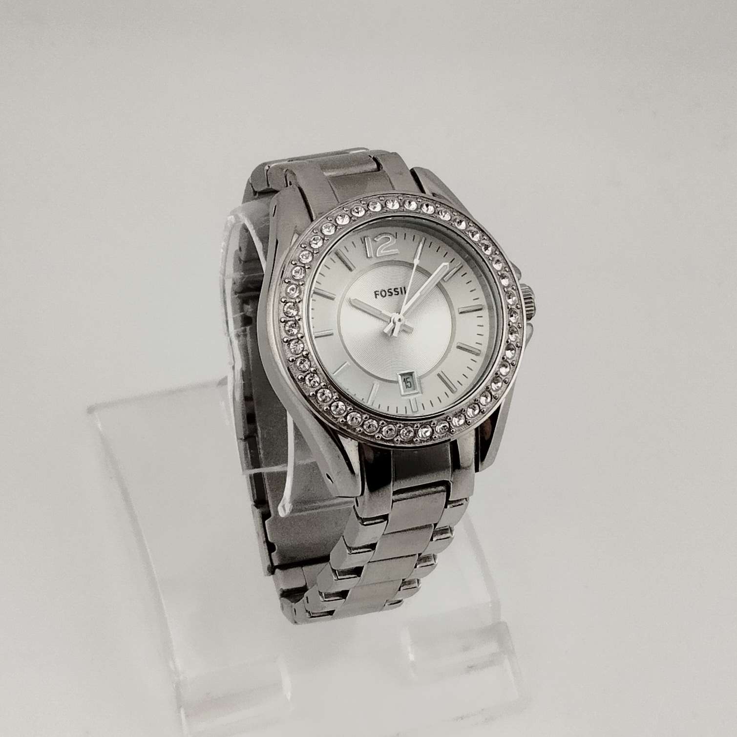 I Like Mikes Mid Century Modern Watches Fossil Women's Silver Tone Watch, Round Dial, Jewel Detail, Date Window, Bracelet Strap
