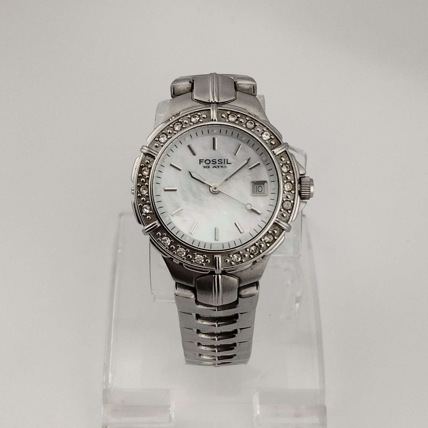I Like Mikes Mid Century Modern Watches Fossil Women's Silver Tone Watch, Round Mother of Pearl Dial, Date Window, Jewel Detail, Link Strap