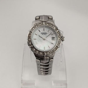 I Like Mikes Mid Century Modern Watches Fossil Women's Silver Tone Watch, Round Mother of Pearl Dial, Date Window, Jewel Detail, Link Strap