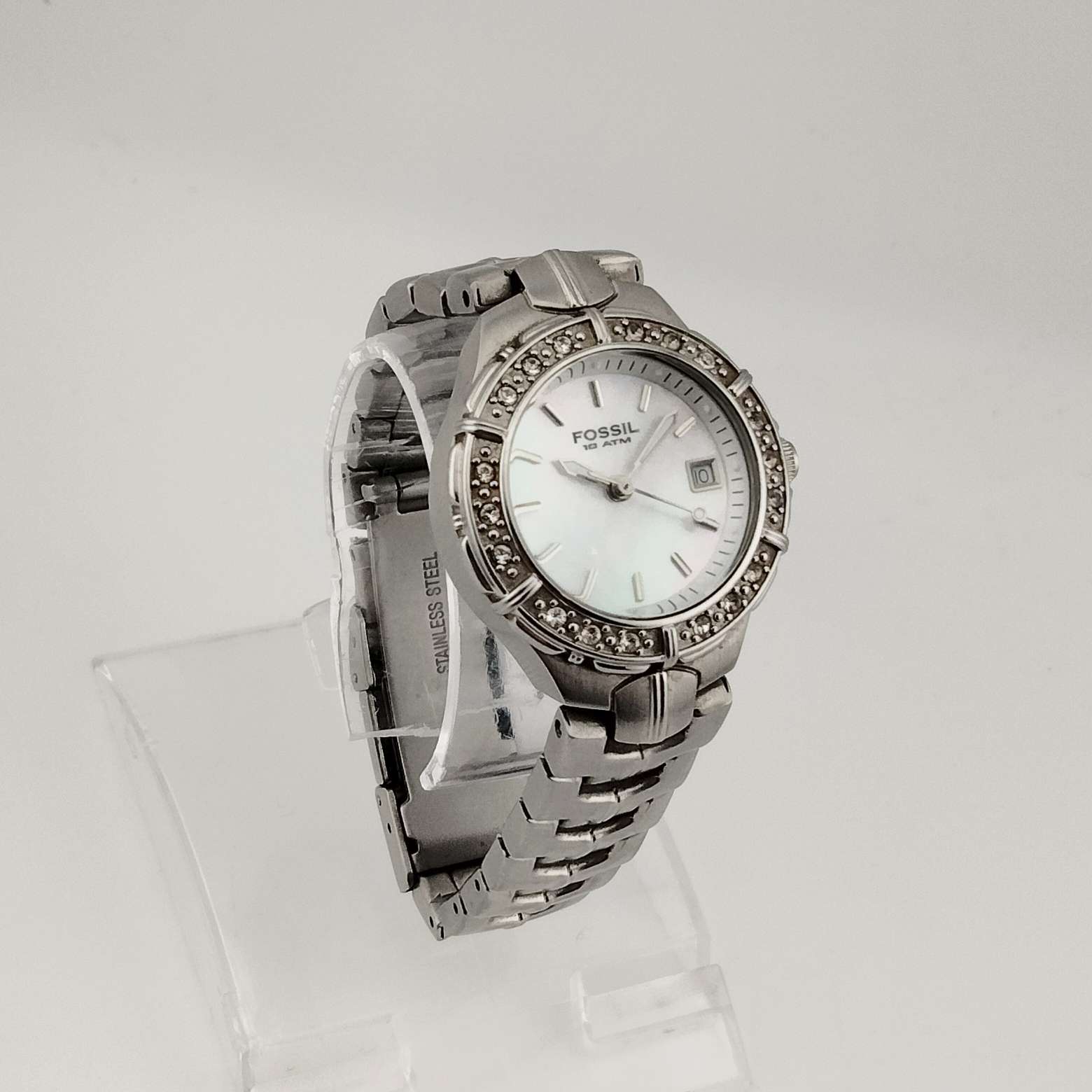 I Like Mikes Mid Century Modern Watches Fossil Women's Silver Tone Watch, Round Mother of Pearl Dial, Date Window, Jewel Detail, Link Strap
