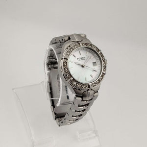 I Like Mikes Mid Century Modern Watches Fossil Women's Silver Tone Watch, Round Mother of Pearl Dial, Date Window, Jewel Detail, Link Strap