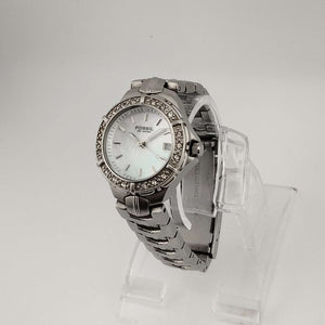 I Like Mikes Mid Century Modern Watches Fossil Women's Silver Tone Watch, Round Mother of Pearl Dial, Date Window, Jewel Detail, Link Strap