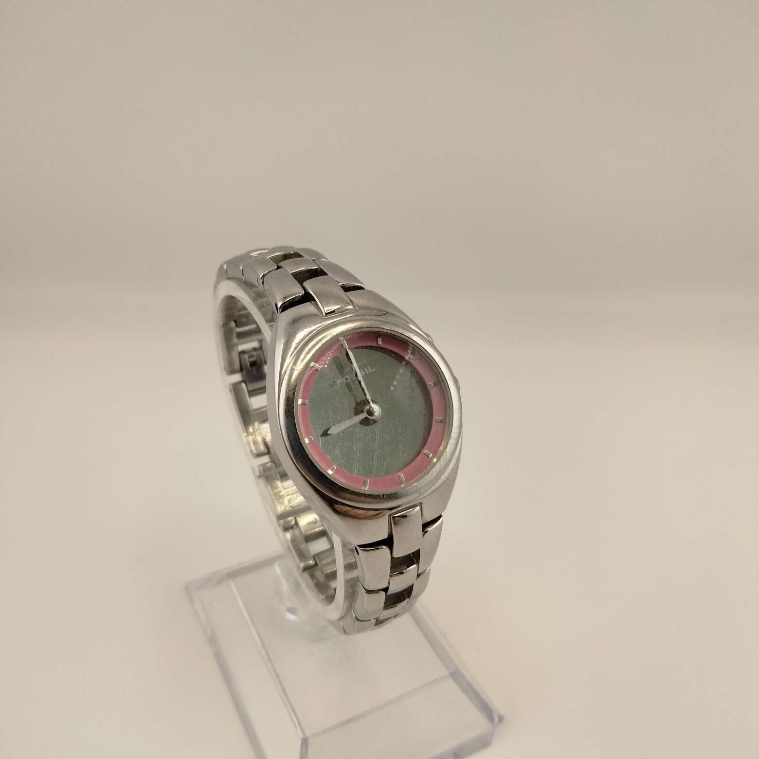 I Like Mikes Mid Century Modern Watches Fossil Women's Silver Tone Watch, Round Pink Dial, Link Strap