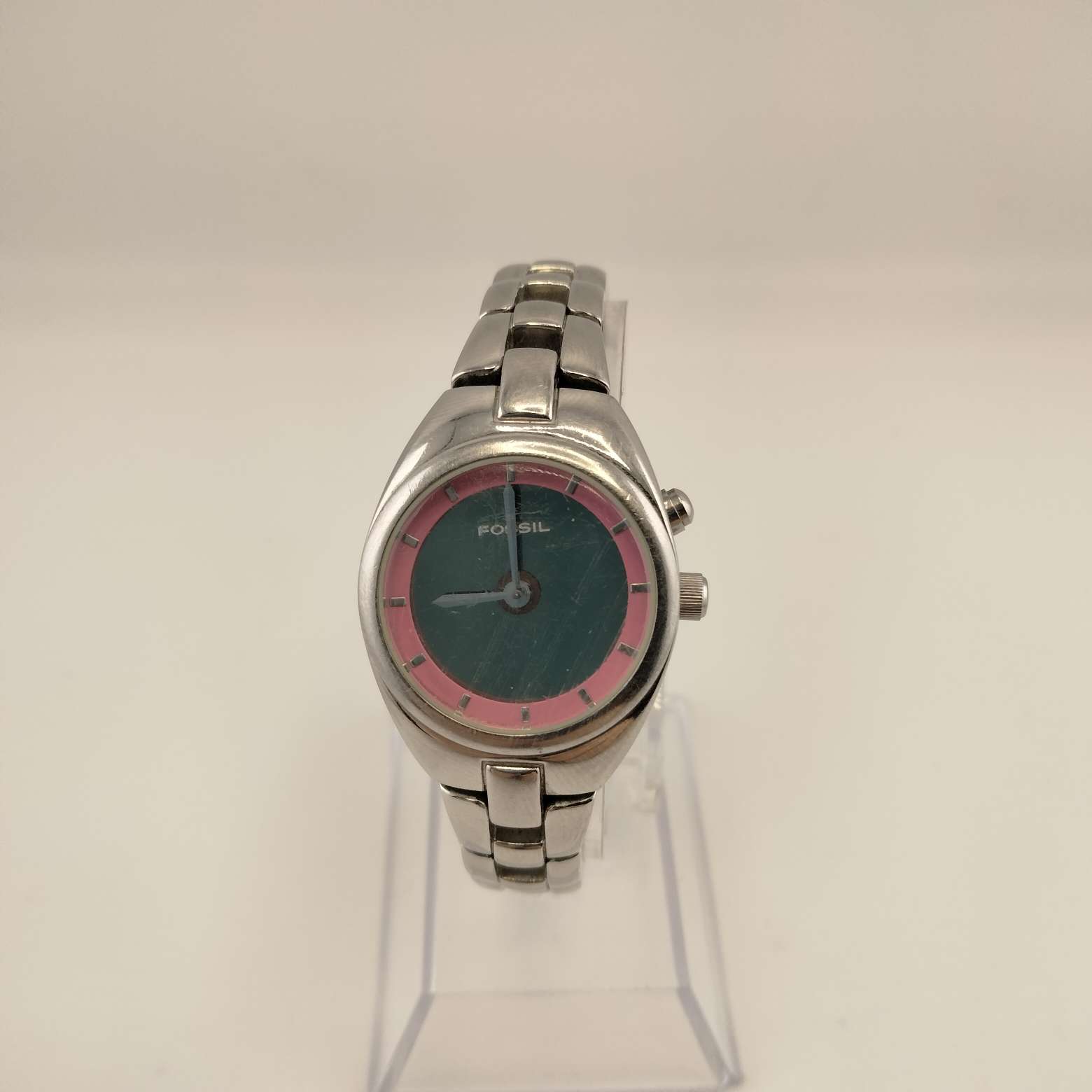 I Like Mikes Mid Century Modern Watches Fossil Women's Silver Tone Watch, Round Pink Dial, Link Strap