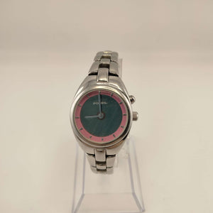 I Like Mikes Mid Century Modern Watches Fossil Women's Silver Tone Watch, Round Pink Dial, Link Strap