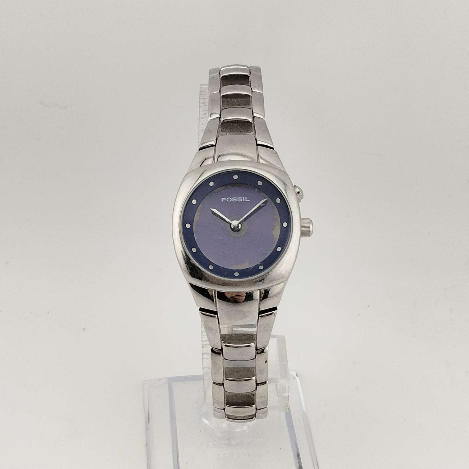 I Like Mikes Mid Century Modern Watches Fossil Women's Silver Tone Watch, Round Purple Dial, Link Strap