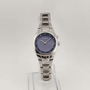I Like Mikes Mid Century Modern Watches Fossil Women's Silver Tone Watch, Round Purple Dial, Link Strap