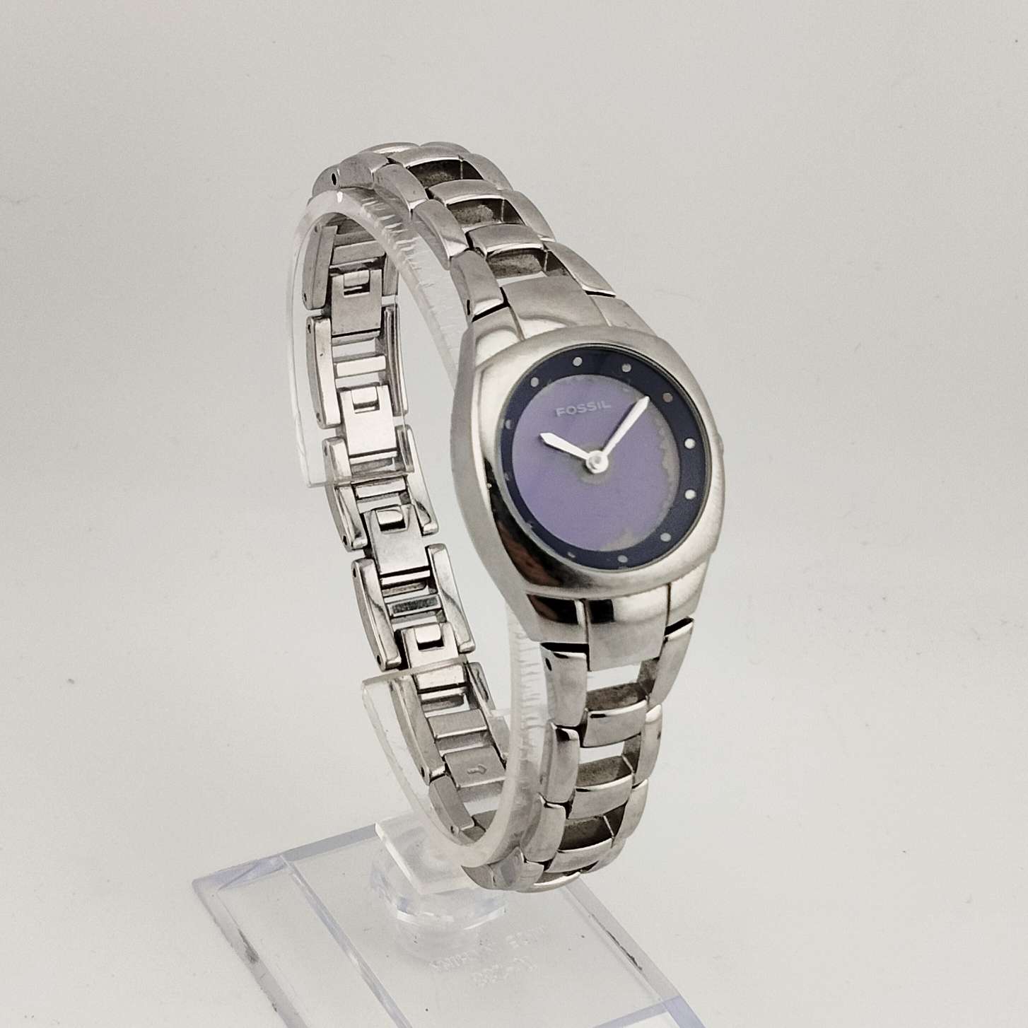 I Like Mikes Mid Century Modern Watches Fossil Women's Silver Tone Watch, Round Purple Dial, Link Strap