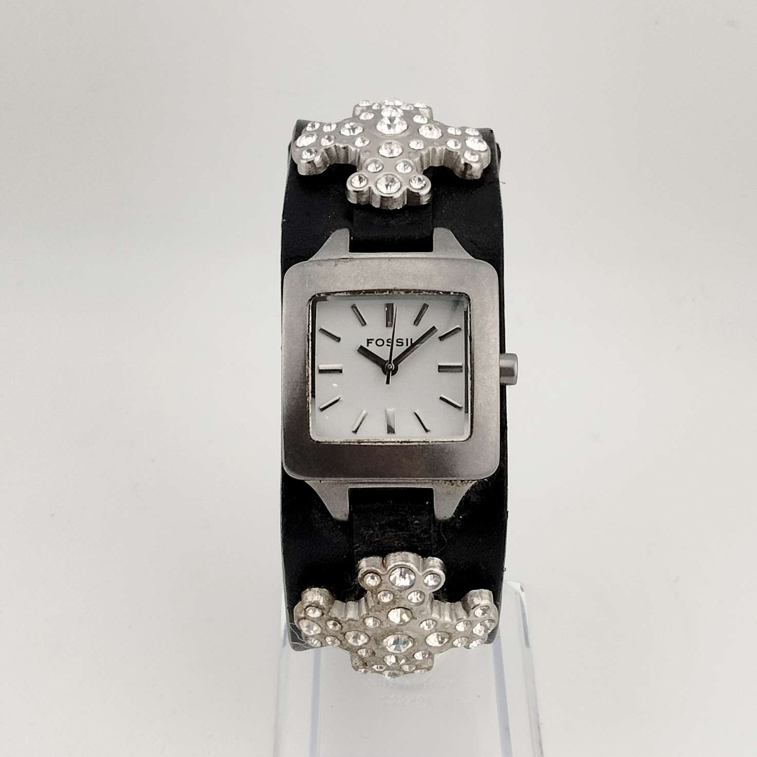 I Like Mikes Mid Century Modern Watches Fossil Women's Silver Tone Watch, White Square Dial, Large Jeweled Cross Detail, Wide Genuine Black Leather Strap