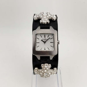 I Like Mikes Mid Century Modern Watches Fossil Women's Silver Tone Watch, White Square Dial, Large Jeweled Cross Detail, Wide Genuine Black Leather Strap