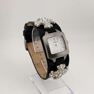 I Like Mikes Mid Century Modern Watches Fossil Women's Silver Tone Watch, White Square Dial, Large Jeweled Cross Detail, Wide Genuine Black Leather Strap