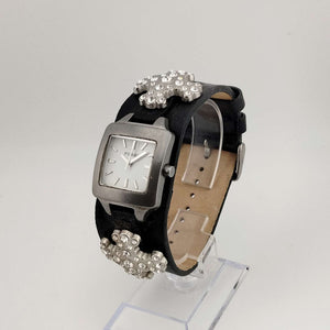 I Like Mikes Mid Century Modern Watches Fossil Women's Silver Tone Watch, White Square Dial, Large Jeweled Cross Detail, Wide Genuine Black Leather Strap