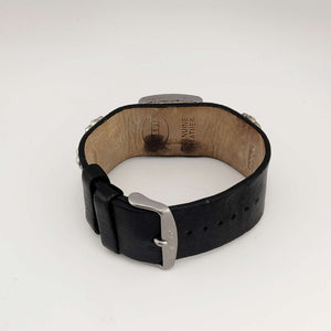 I Like Mikes Mid Century Modern Watches Fossil Women's Silver Tone Watch, White Square Dial, Large Jeweled Cross Detail, Wide Genuine Black Leather Strap