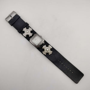 I Like Mikes Mid Century Modern Watches Fossil Women's Silver Tone Watch, White Square Dial, Large Jeweled Cross Detail, Wide Genuine Black Leather Strap