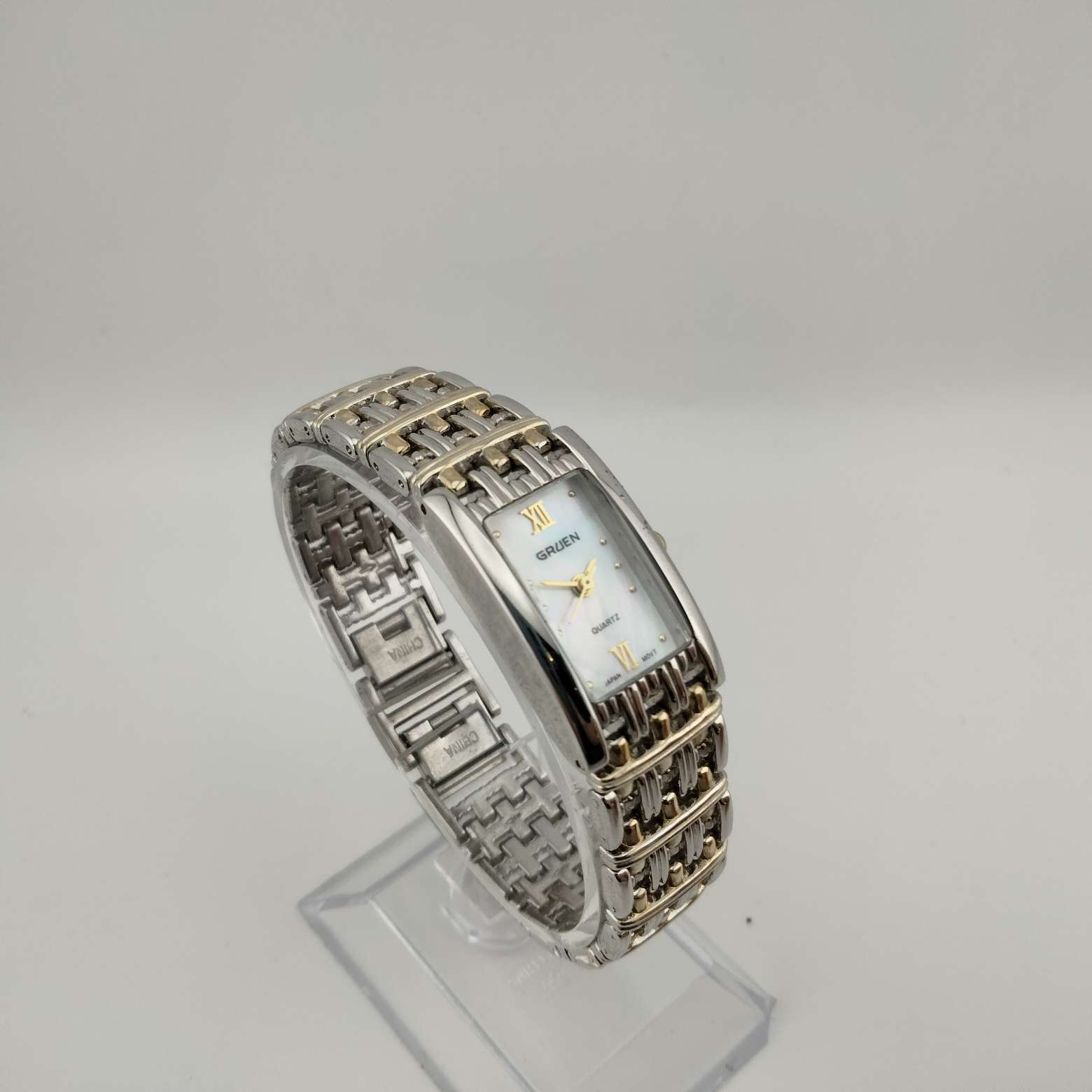 I Like Mikes Mid Century Modern Watches Gruen Women's Mixed Tone Watch, Rectangular Mother of Pearl Dial, Bracelet Strap