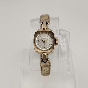 I Like Mikes Mid Century Modern Watches Hamilton Petite Gold Tone Watch, Circular Dial with Square Bezel, Bracelet Strap
