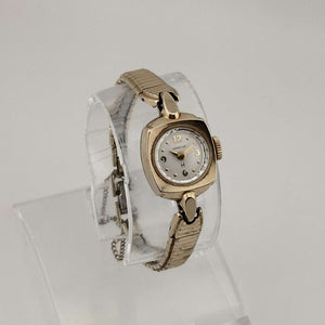 I Like Mikes Mid Century Modern Watches Hamilton Petite Gold Tone Watch, Circular Dial with Square Bezel, Bracelet Strap