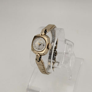 I Like Mikes Mid Century Modern Watches Hamilton Petite Gold Tone Watch, Circular Dial with Square Bezel, Bracelet Strap
