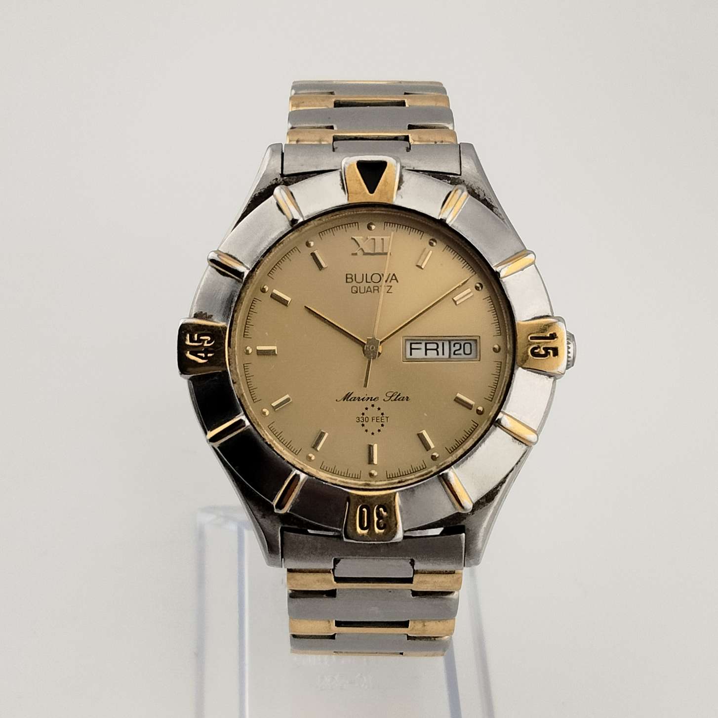 I Like Mikes Mid Century Modern Watches Large Bulova Silver and Gold Tone Watch, Circular Dial, Day and Date Window, Bracelet Strap