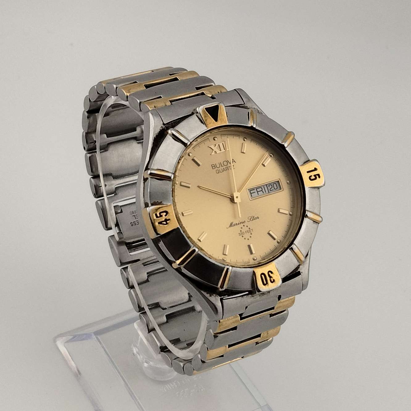 I Like Mikes Mid Century Modern Watches Large Bulova Silver and Gold Tone Watch, Circular Dial, Day and Date Window, Bracelet Strap