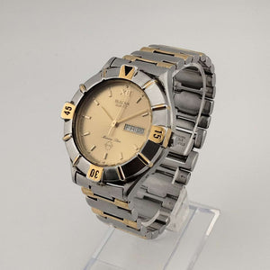 I Like Mikes Mid Century Modern Watches Large Bulova Silver and Gold Tone Watch, Circular Dial, Day and Date Window, Bracelet Strap