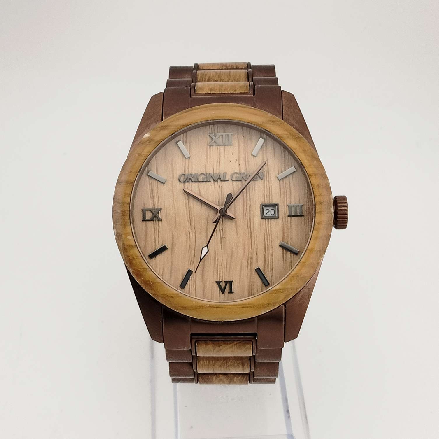 I Like Mikes Mid Century Modern Watches Original Grain, Men's Large Wood and Copper Tone Quartz Watch, Date Window