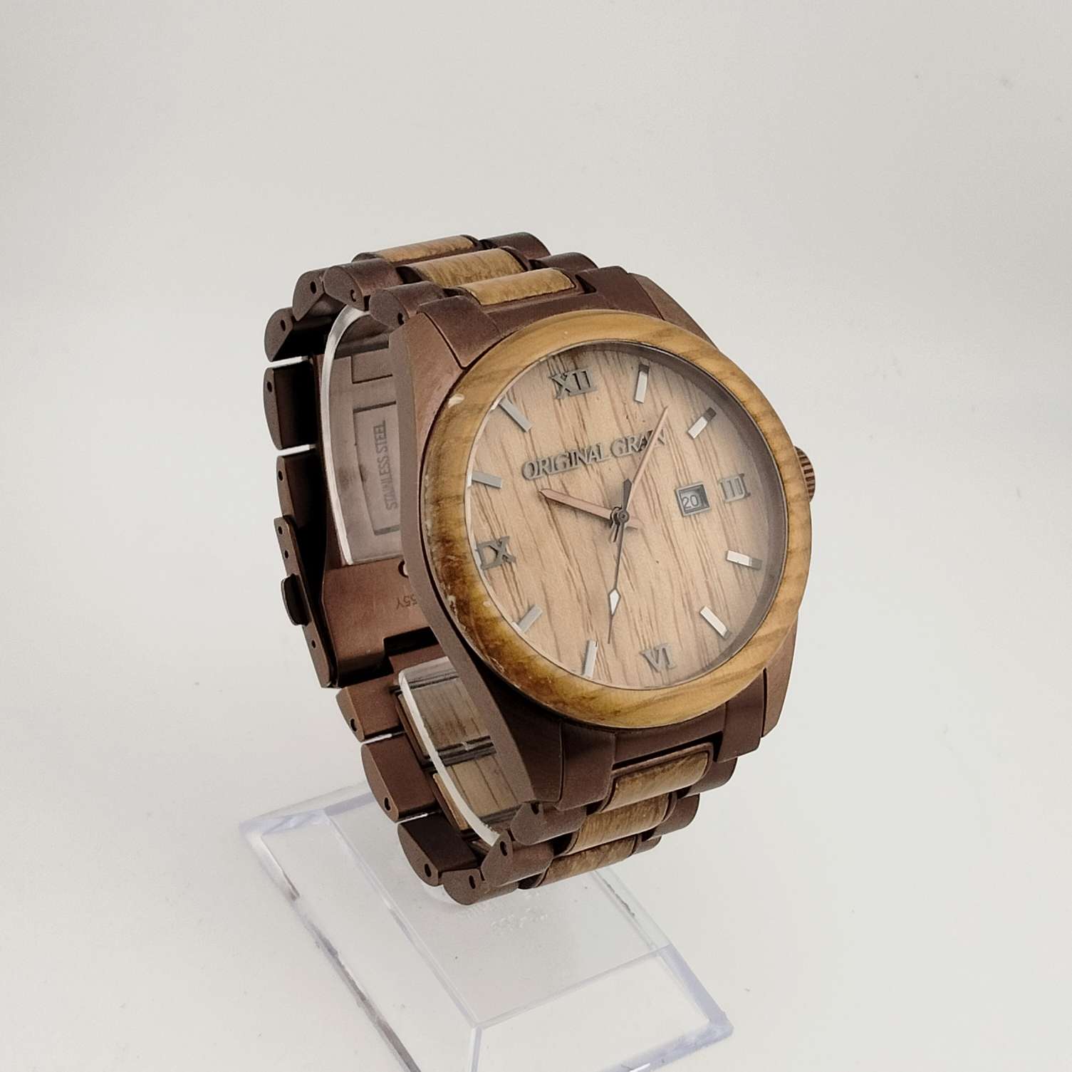 I Like Mikes Mid Century Modern Watches Original Grain, Men's Large Wood and Copper Tone Quartz Watch, Date Window