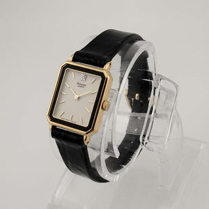 I Like Mikes Mid Century Modern Watches Petite Bulova Watch, White Rectangular Dial, Gold Tone Accents, Black Genuine Leather Strap