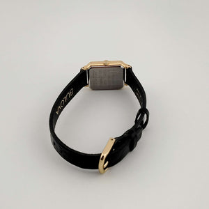 I Like Mikes Mid Century Modern Watches Petite Bulova Watch, White Rectangular Dial, Gold Tone Accents, Black Genuine Leather Strap