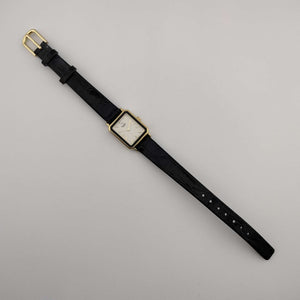 I Like Mikes Mid Century Modern Watches Petite Bulova Watch, White Rectangular Dial, Gold Tone Accents, Black Genuine Leather Strap