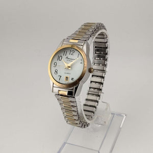 I Like Mikes Mid Century Modern Watches Precision Unisex Mixed Metal Quartz Watch, White Circular Dial, Date Window, Stretch Strap