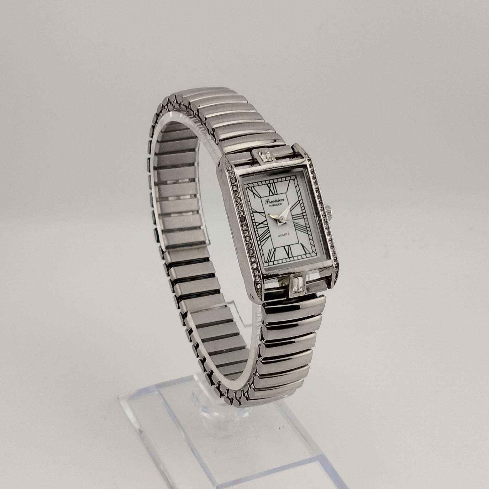 I Like Mikes Mid Century Modern Watches Precision Women's Silver Tone Quartz Watch, White Rectangular Dial, Jewel Detail, Stretch Strap