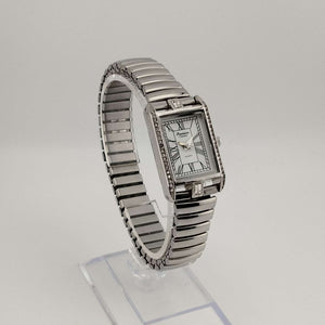 I Like Mikes Mid Century Modern Watches Precision Women's Silver Tone Quartz Watch, White Rectangular Dial, Jewel Detail, Stretch Strap