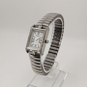 I Like Mikes Mid Century Modern Watches Precision Women's Silver Tone Quartz Watch, White Rectangular Dial, Jewel Detail, Stretch Strap