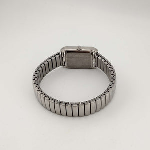 I Like Mikes Mid Century Modern Watches Precision Women's Silver Tone Quartz Watch, White Rectangular Dial, Jewel Detail, Stretch Strap