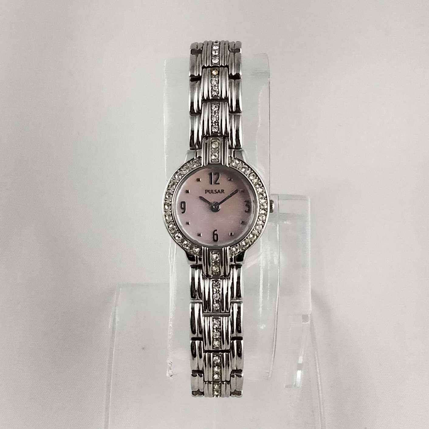 I Like Mikes Mid Century Modern Watches Pulsar by Seiko Women's Silver Tone Watch, Mother of Pearl Dial, Bracelet Strap